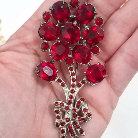 Large Art Deco Red Glass Flower Spray Pot Metal Brooch Rhinestone - Bouquet Bow - Picture 5 of 7